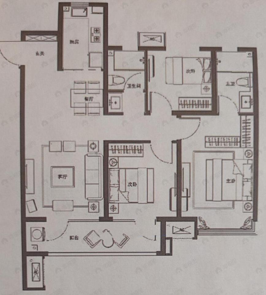 3室2厅2卫建面119平户型图