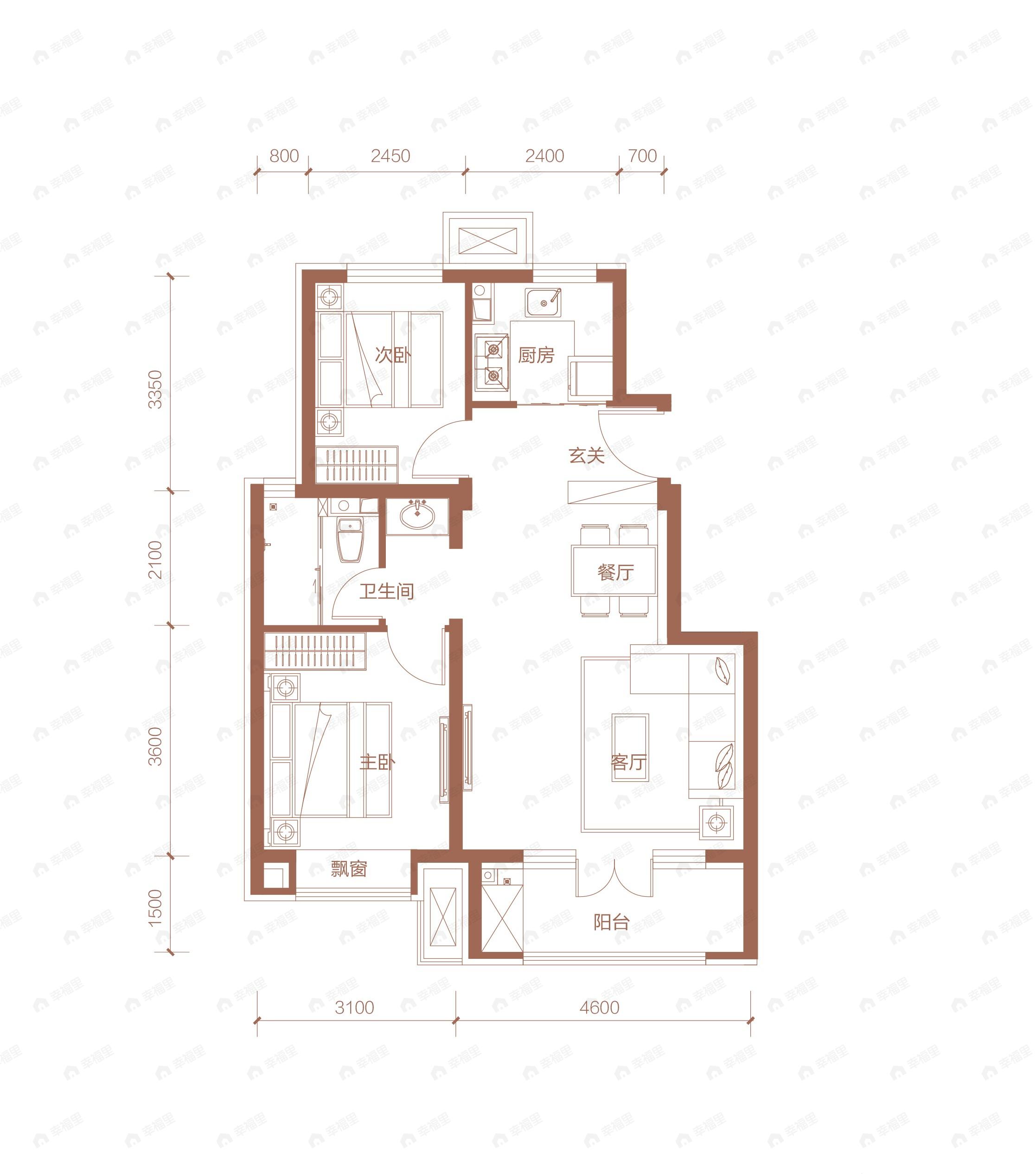 2室2厅1卫建面80m²南|北户型图