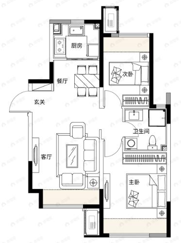 保利城2室2厅1卫户型图