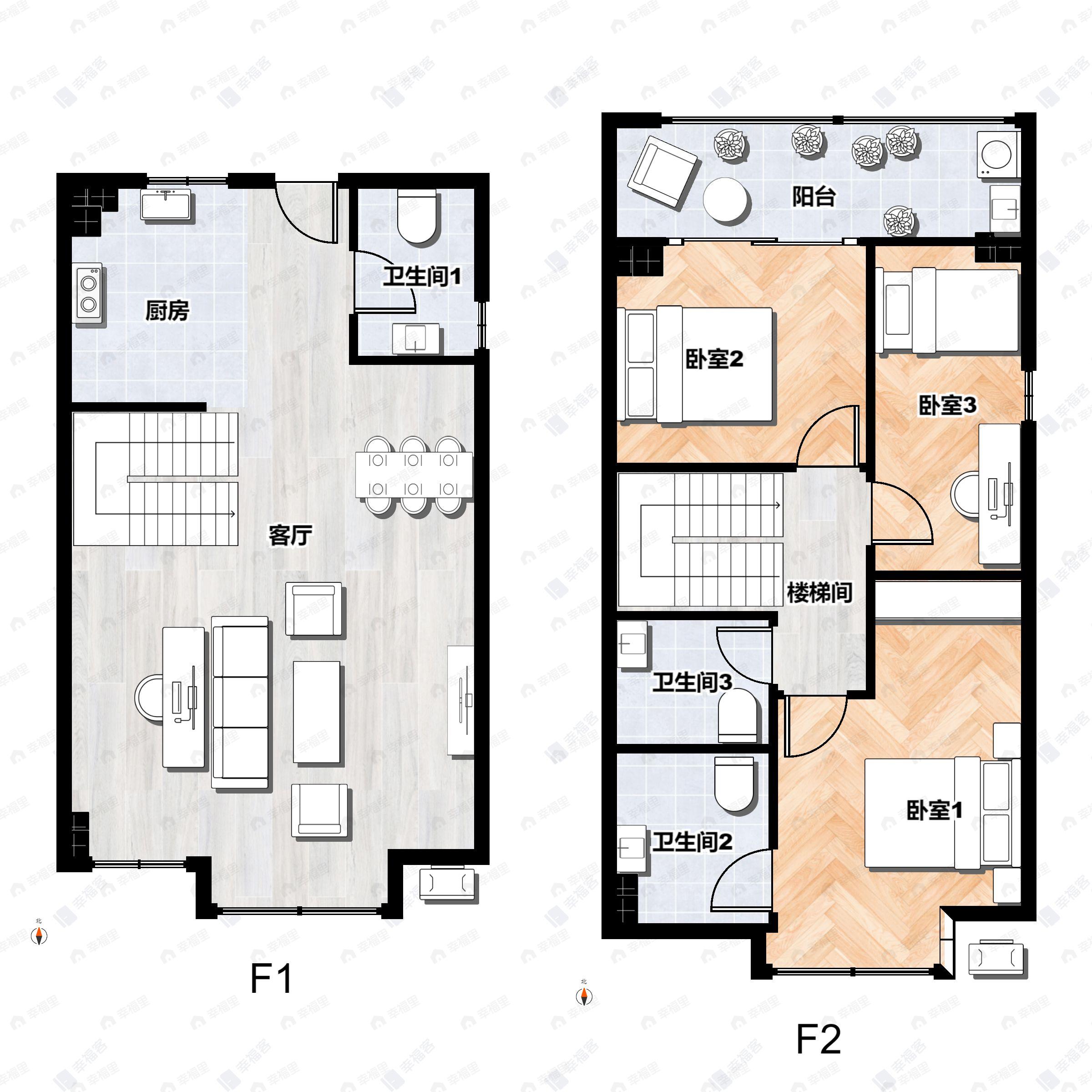 4室1厅3卫建面60平户型图