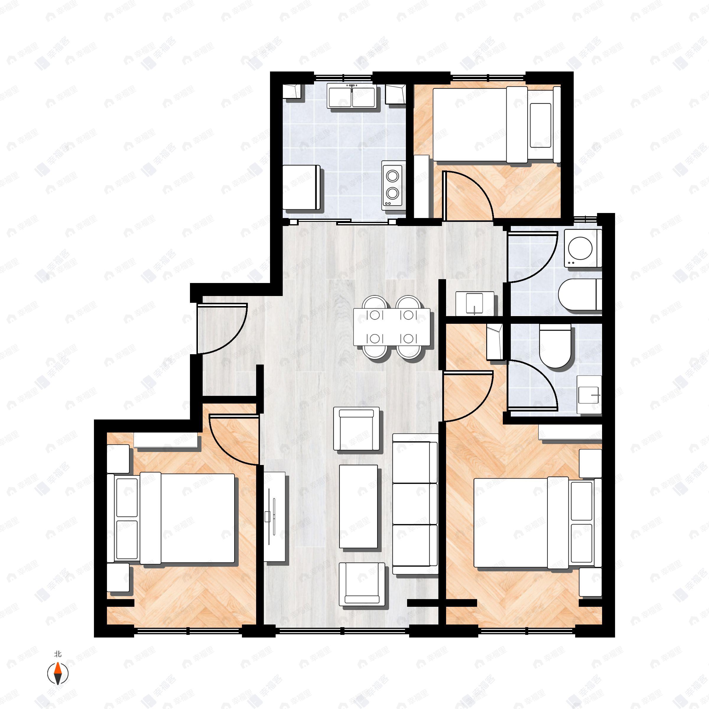3室2厅2卫建面102平户型图