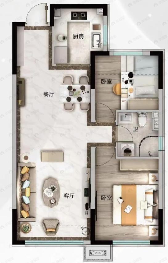 呼和浩特碧桂园星耀2室2厅1卫户型图