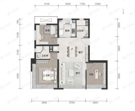中建北京国贤府3室2厅2卫户型图
