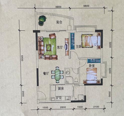 江源半岛花园2室2厅1卫户型图