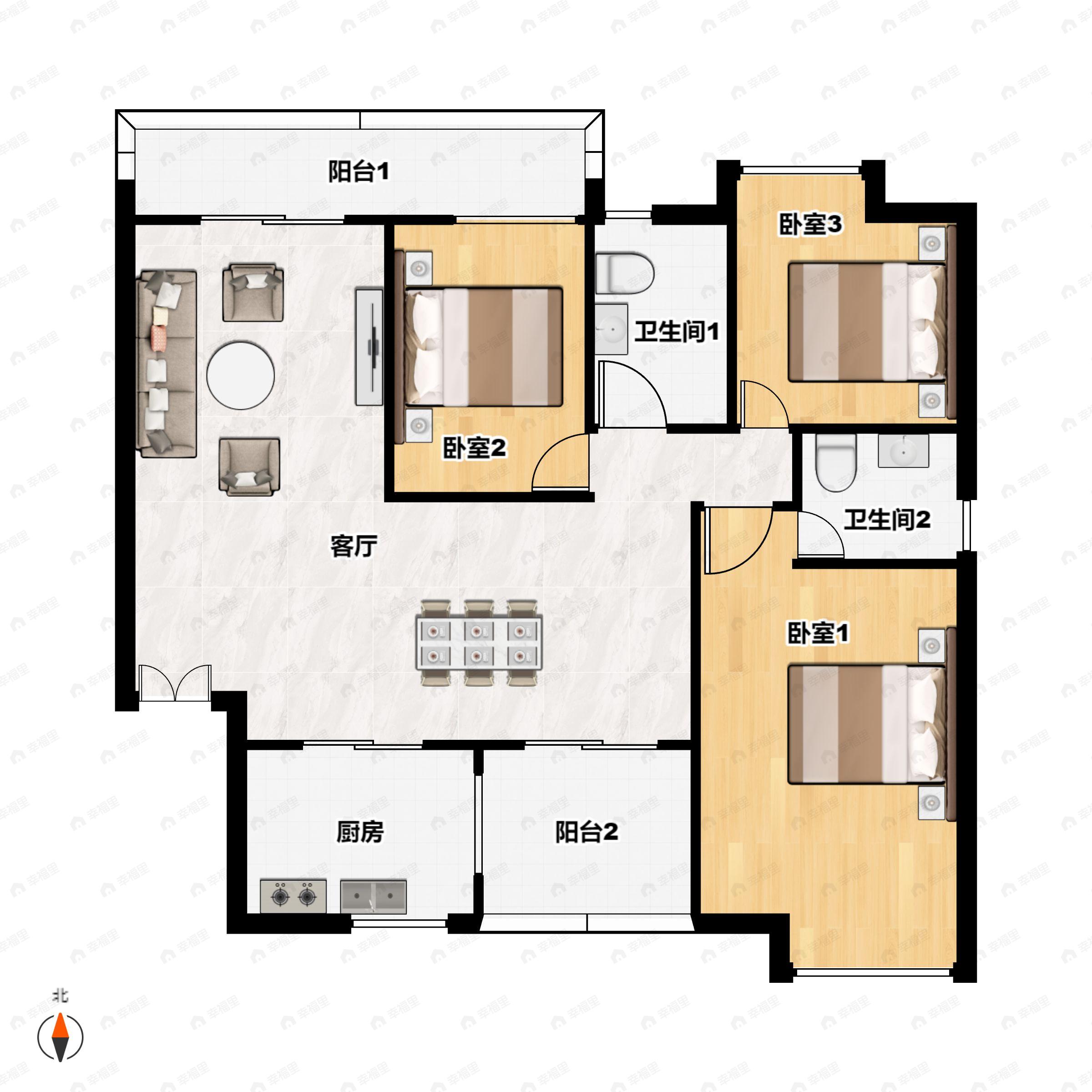 3室2厅2卫建面107平户型图
