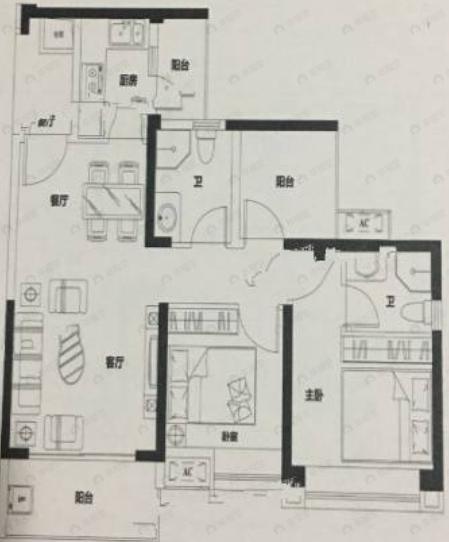 2室2厅2卫建面89平户型图