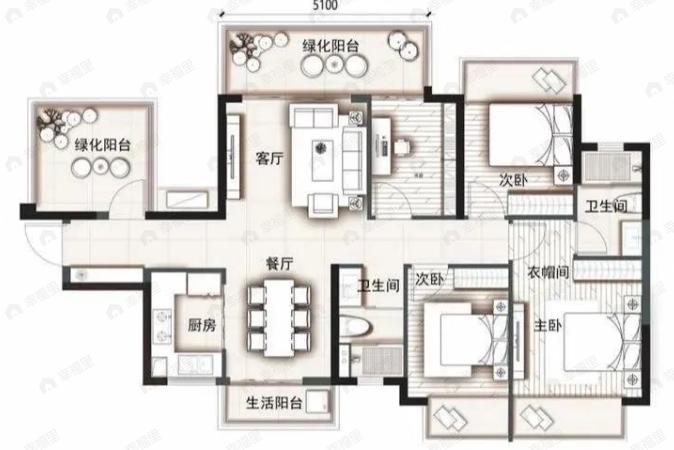 金地美域国际3室2厅2卫户型图