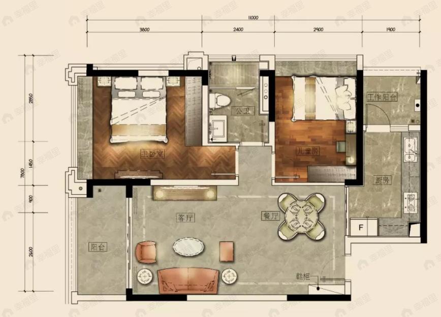 方圆流花月岛2室2厅1卫户型图