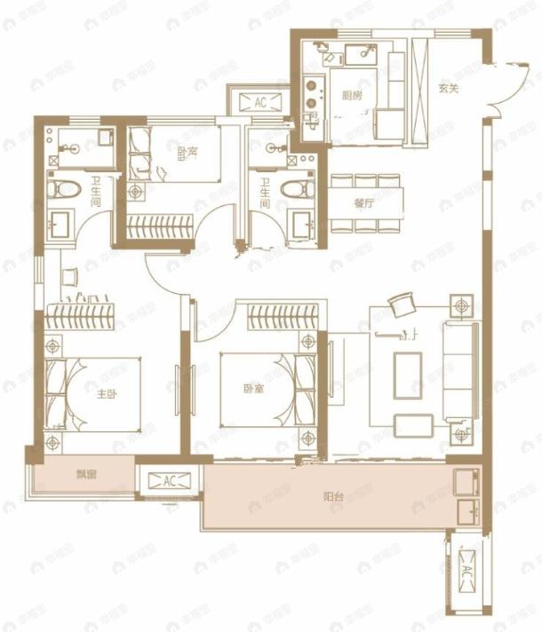 富田城九鼎公馆3室2厅2卫户型图