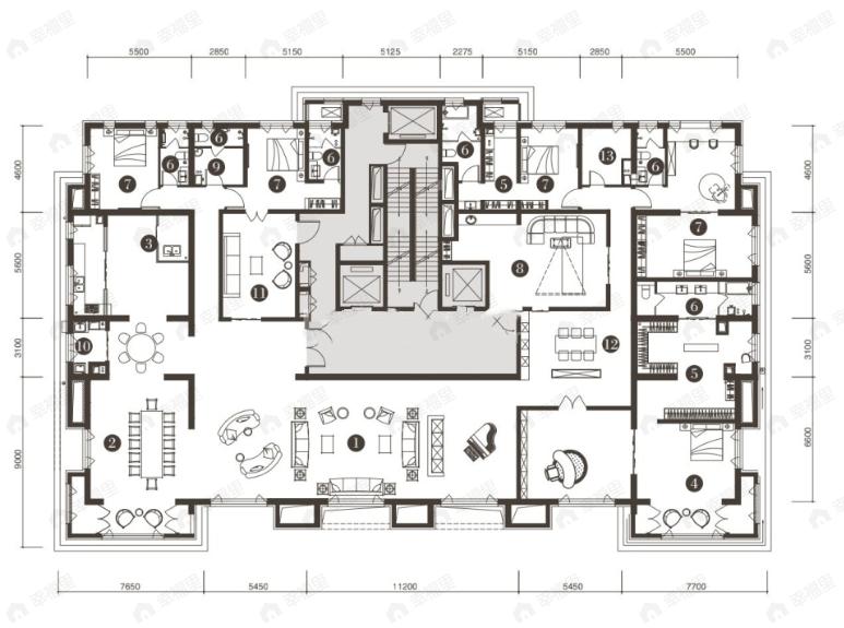 5室3厅6卫建面802平南户型图