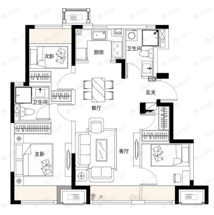 保利城3室2厅2卫户型图