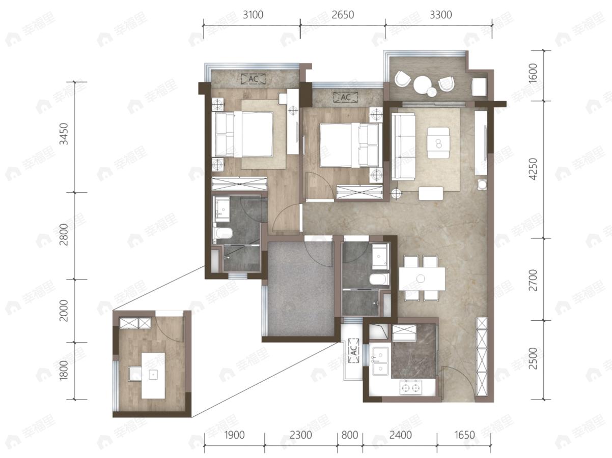保利天珺2室2厅2卫户型图