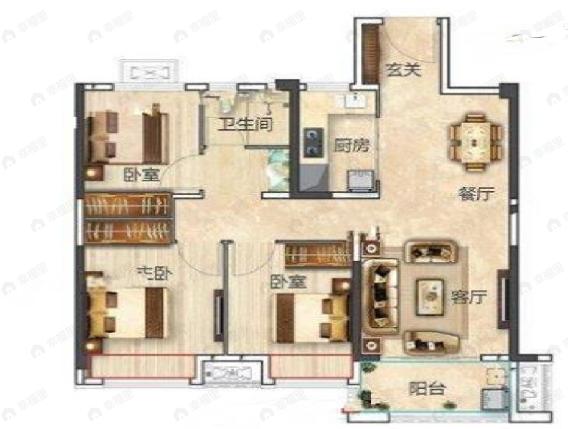 孔雀城航天府滨江苑3室2厅1卫户型图