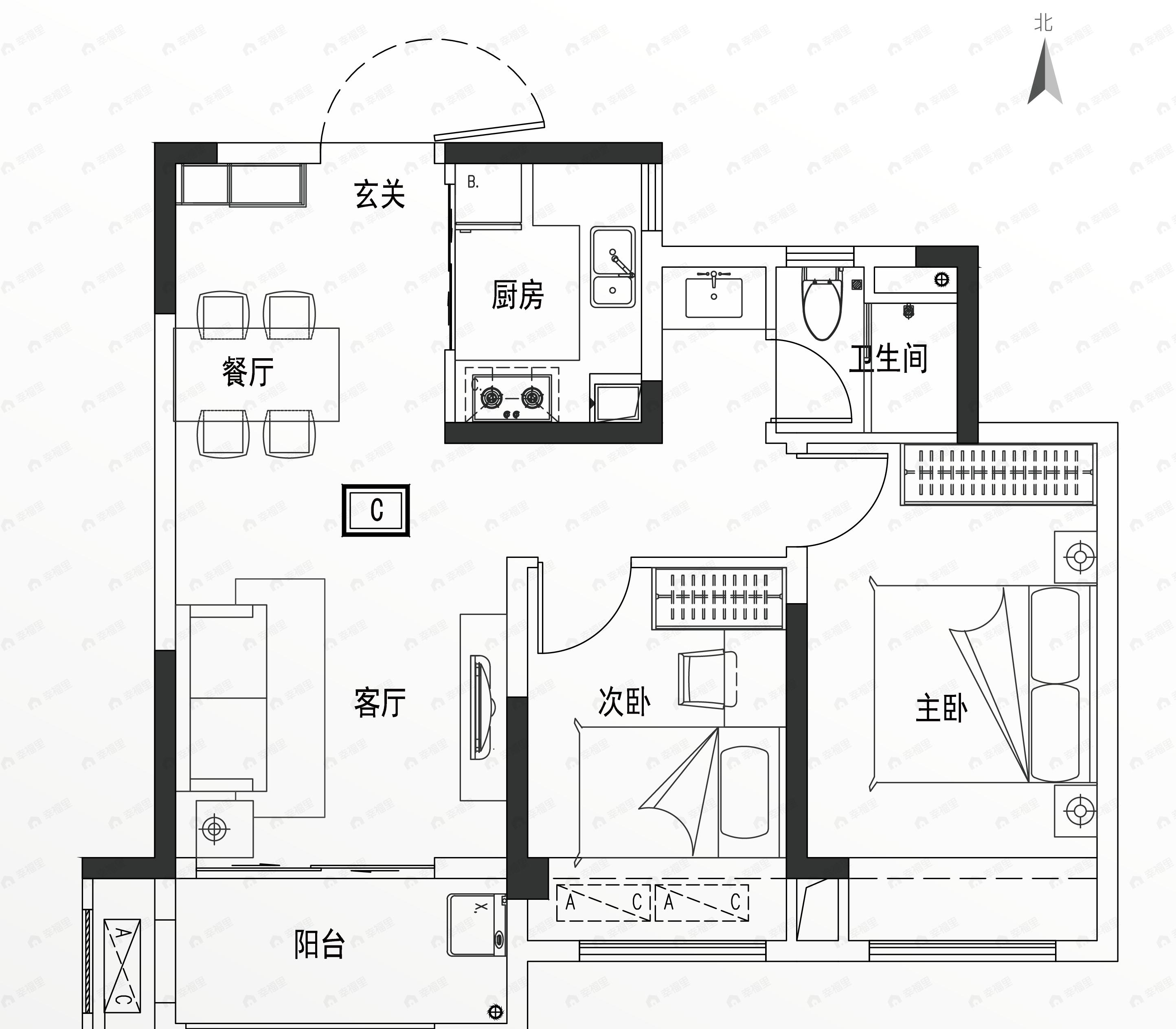 万科新田湖与城2室2厅1卫户型图