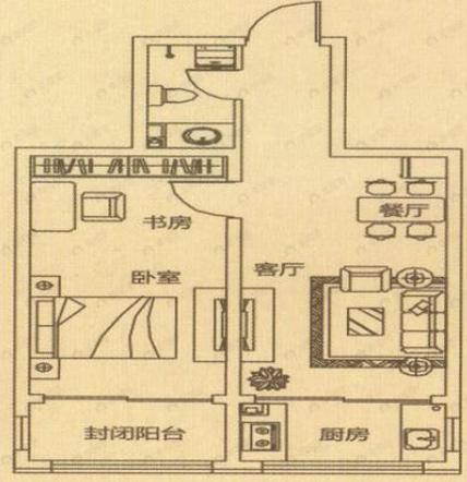 1室2厅1卫建面59平户型图