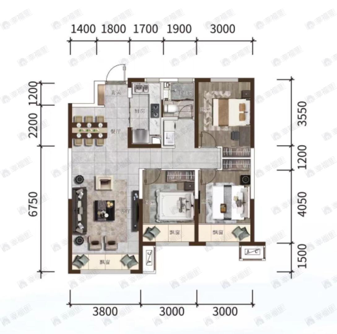 金地江山风华3室2厅1卫户型图