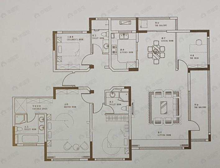 4室2厅3卫建面200平南户型图