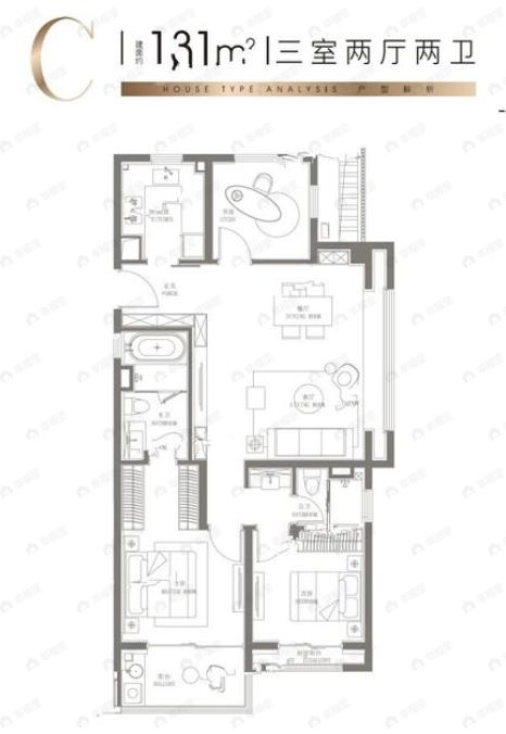 静安区中兴社区C070202单元268-01地块3室2厅2卫户型图