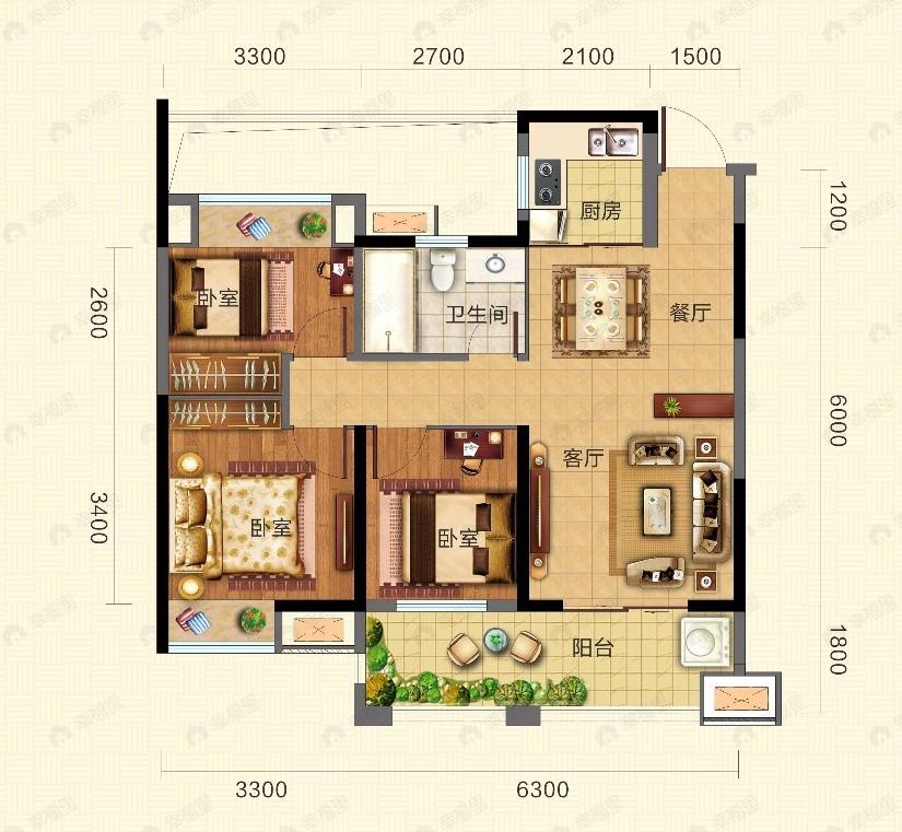 清能学府花园3室2厅1卫户型图