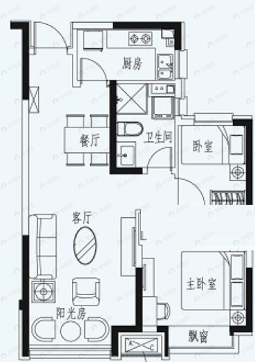 恒大国际温泉小镇2室2厅1卫户型图