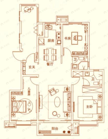 龙记观园3室2厅2卫户型图