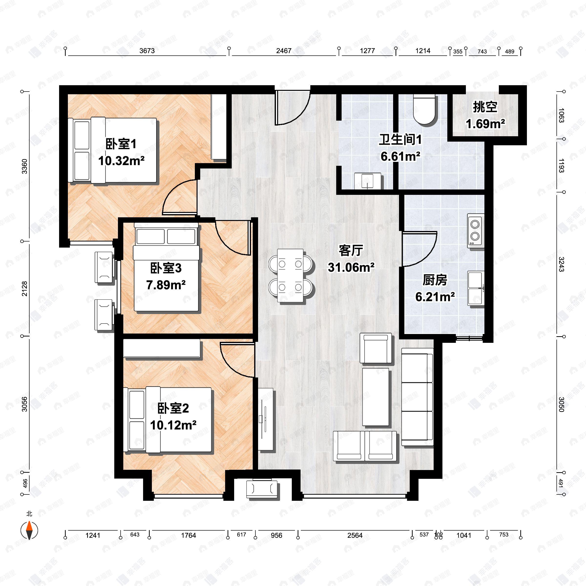 3室2厅1卫建面85m²南户型图