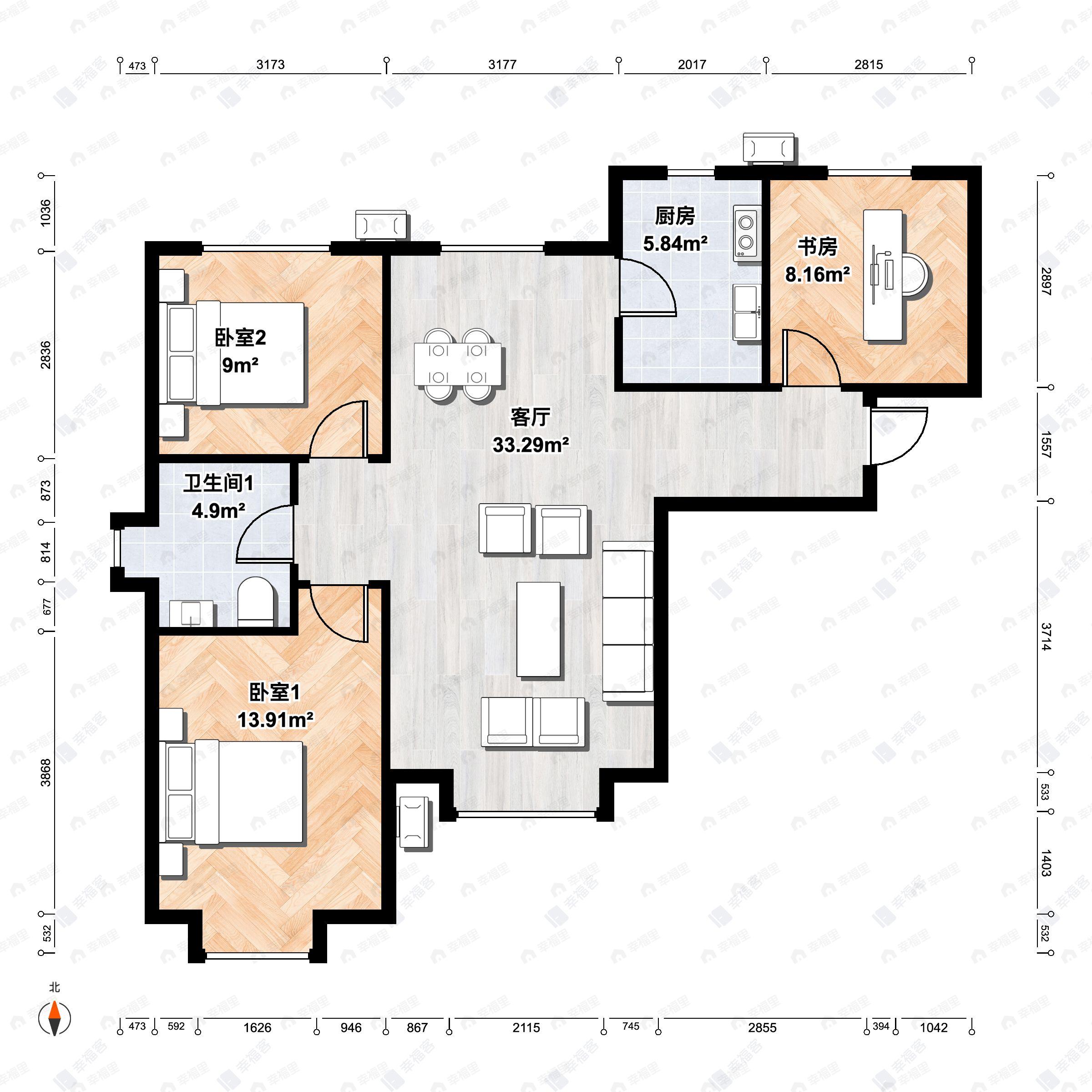 3室2厅1卫建面89m²北|南户型图