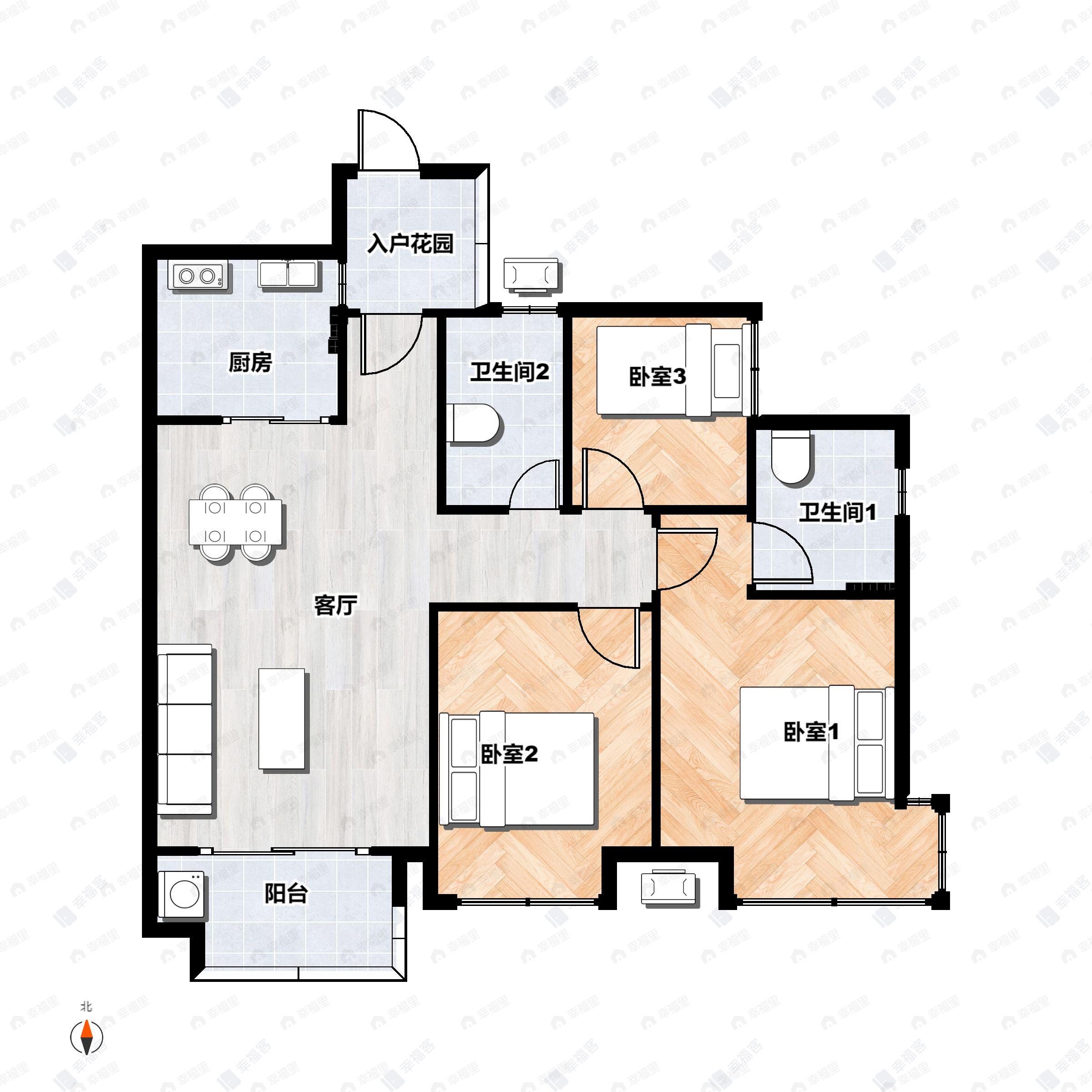 3室2厅2卫建面89m²南户型图