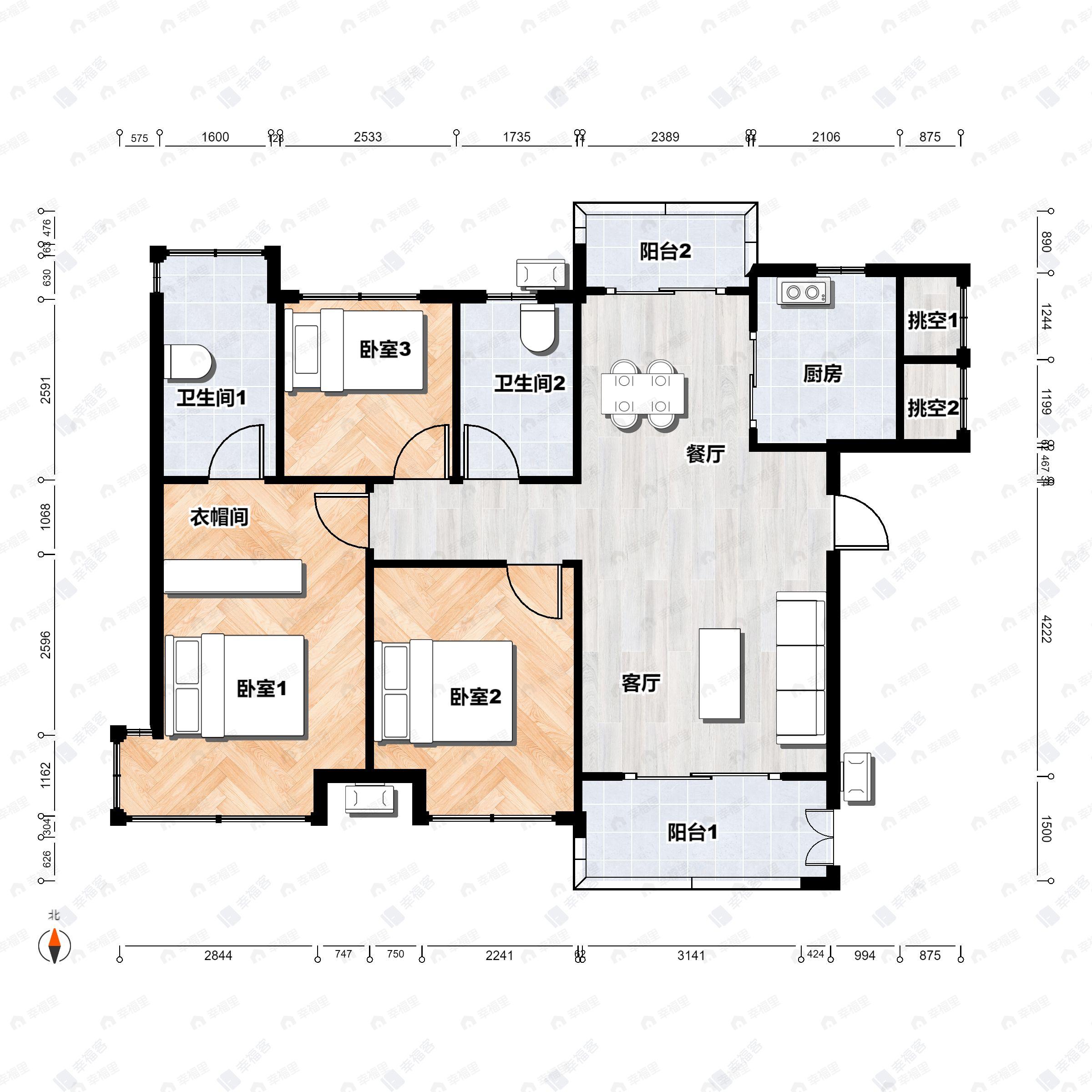 3室2厅2卫建面95平南|北户型图