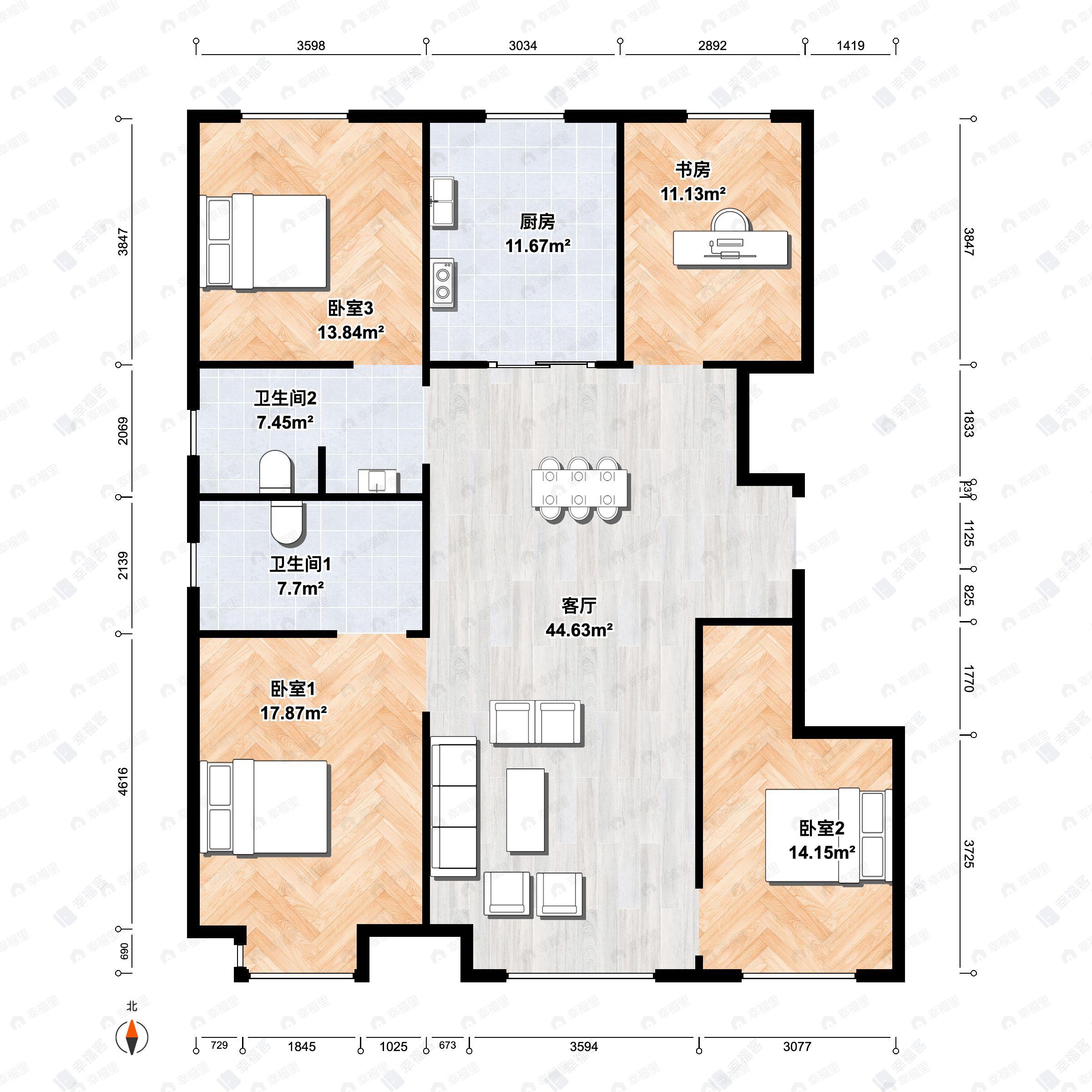 4室2厅2卫建面147平北|南|西户型图