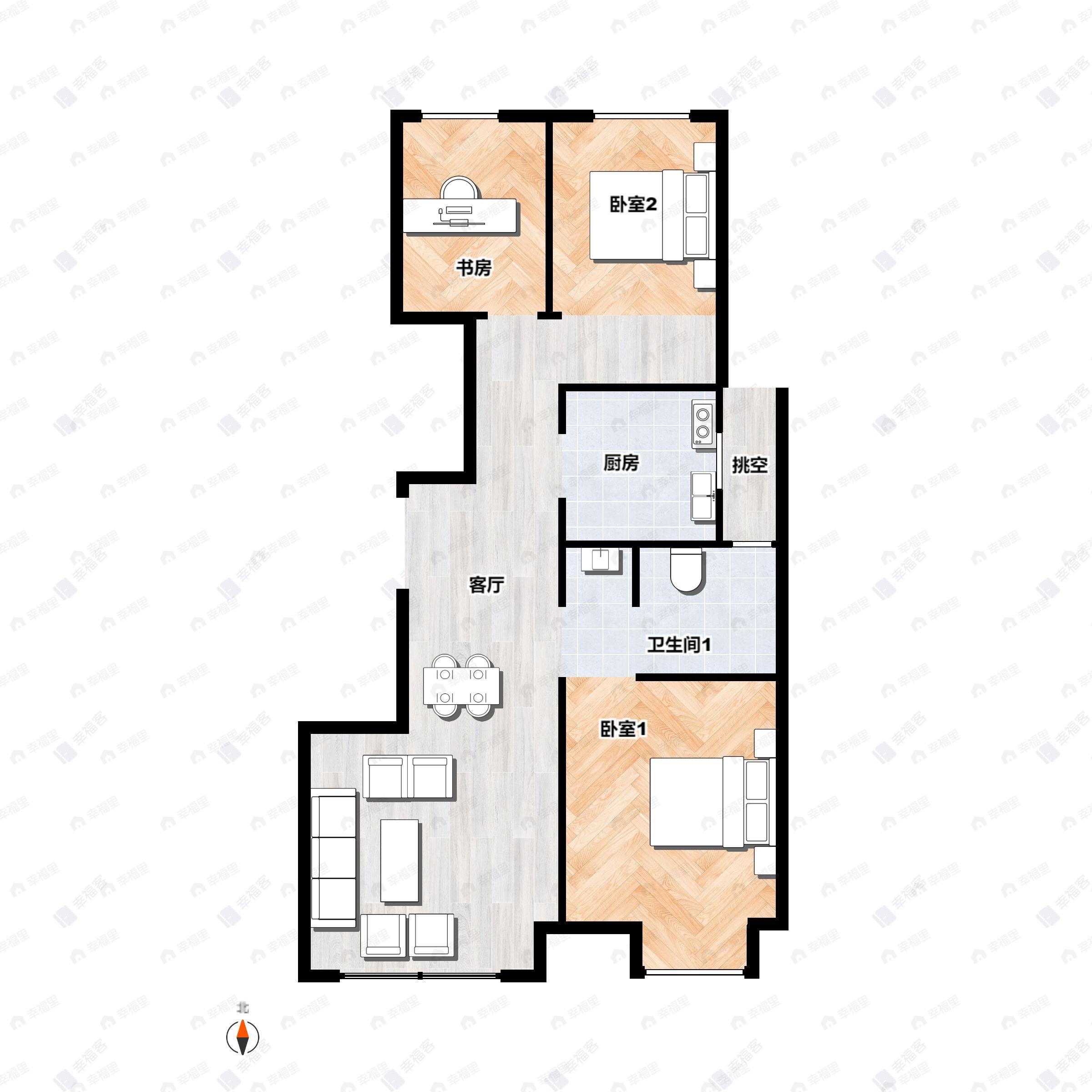 3室2厅1卫建面89m²南|北户型图