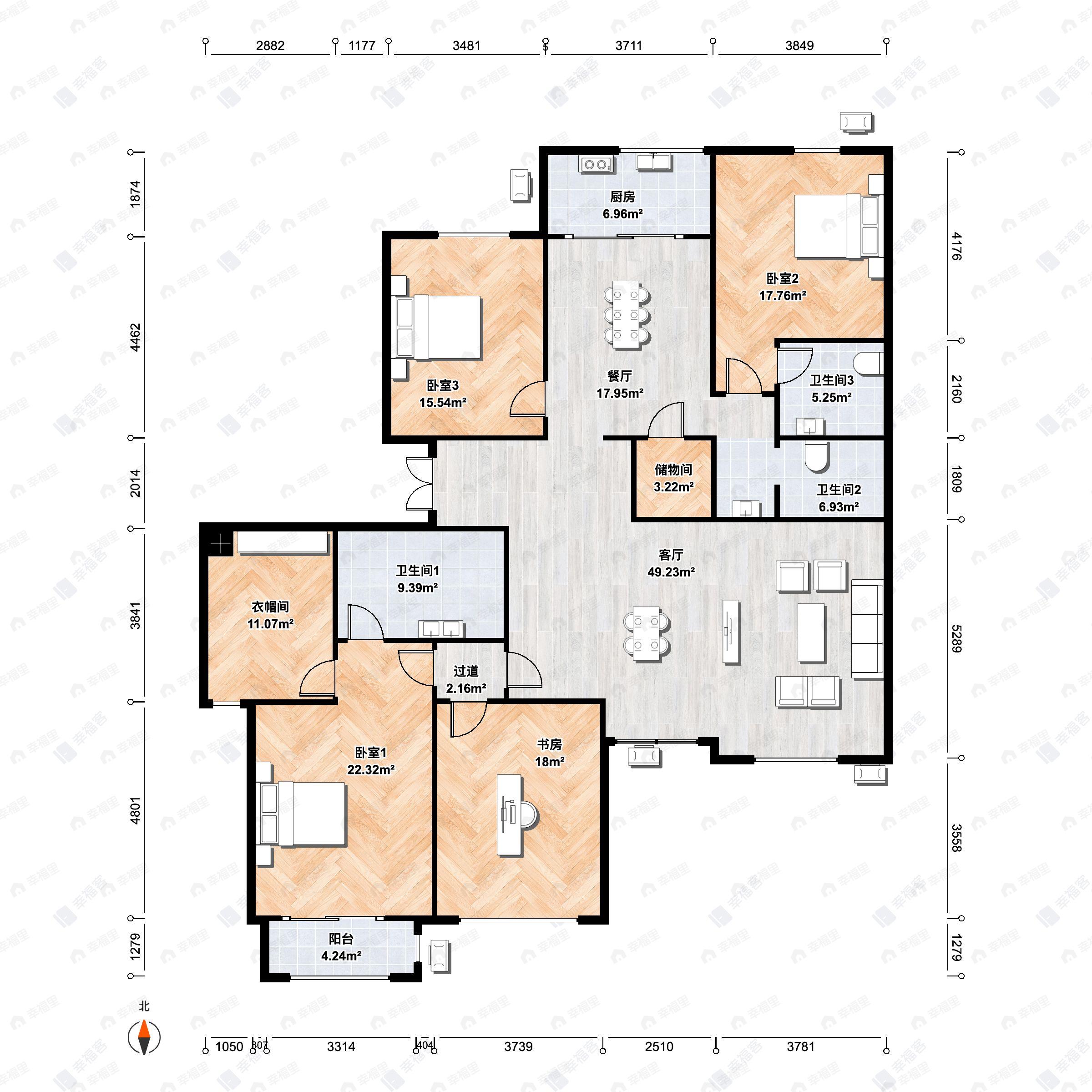 4室3厅3卫建面217m²北|南户型图
