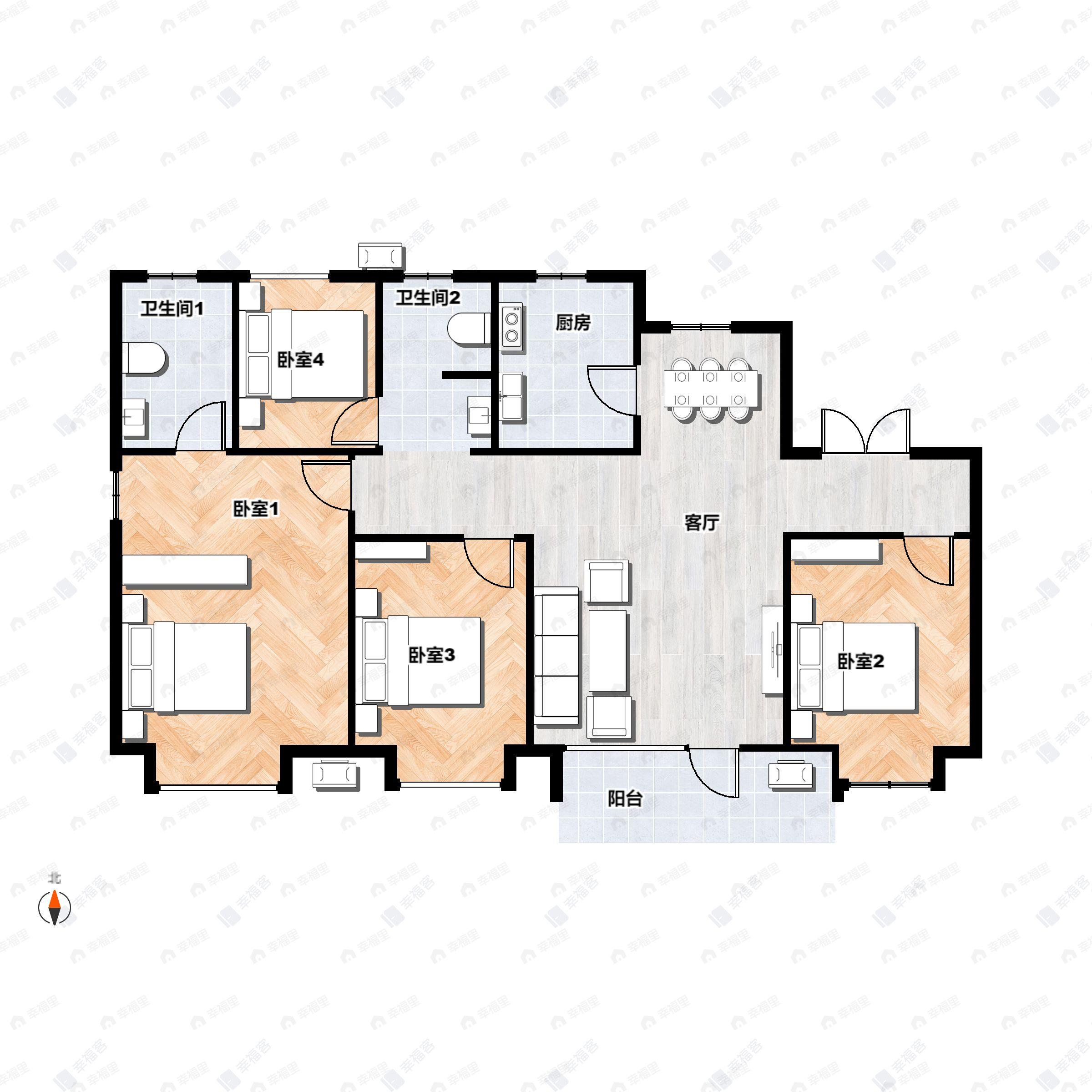 4室2厅2卫建面115平南|北户型图