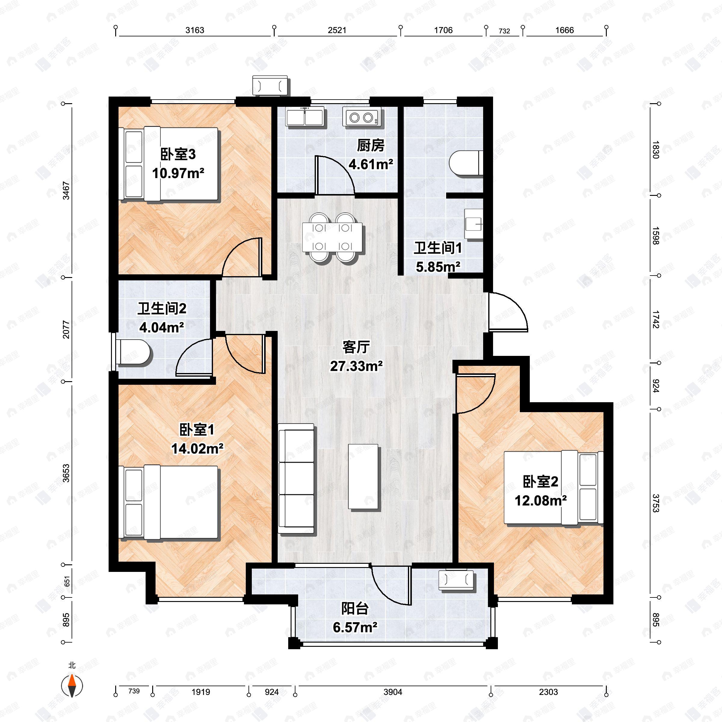 3室2厅2卫建面98平南|北户型图