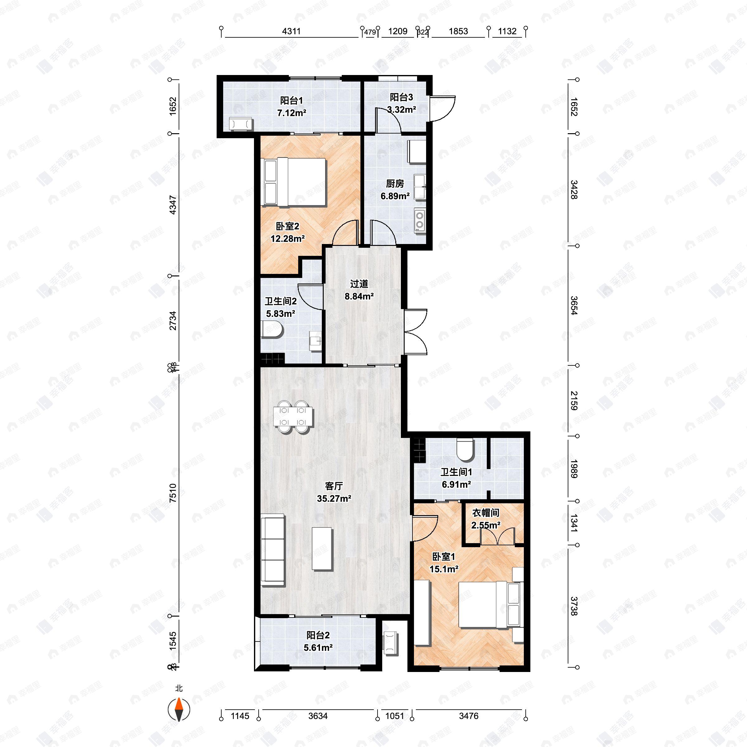2室2厅2卫建面126m²北|南户型图
