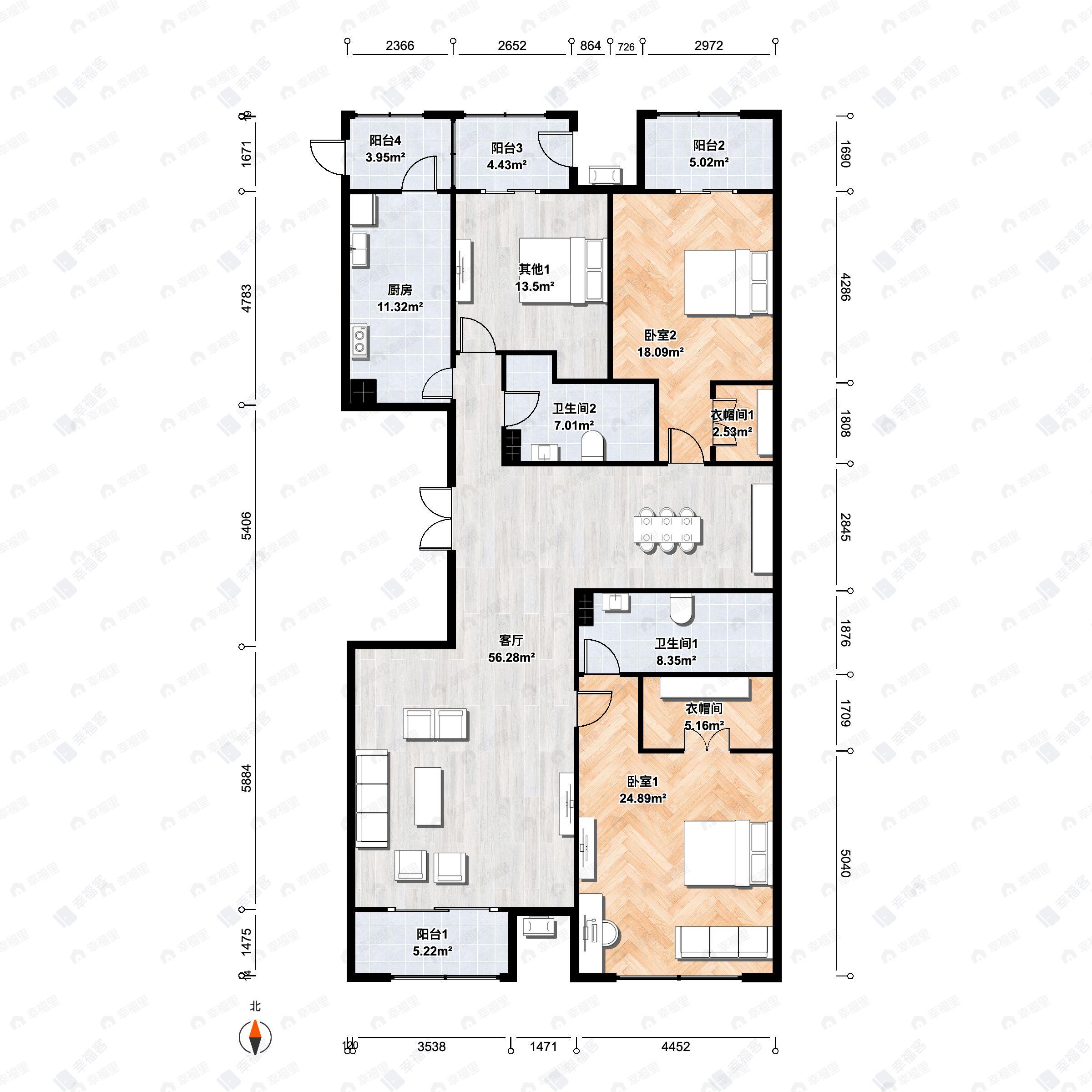 3室2厅2卫建面180平北|南户型图