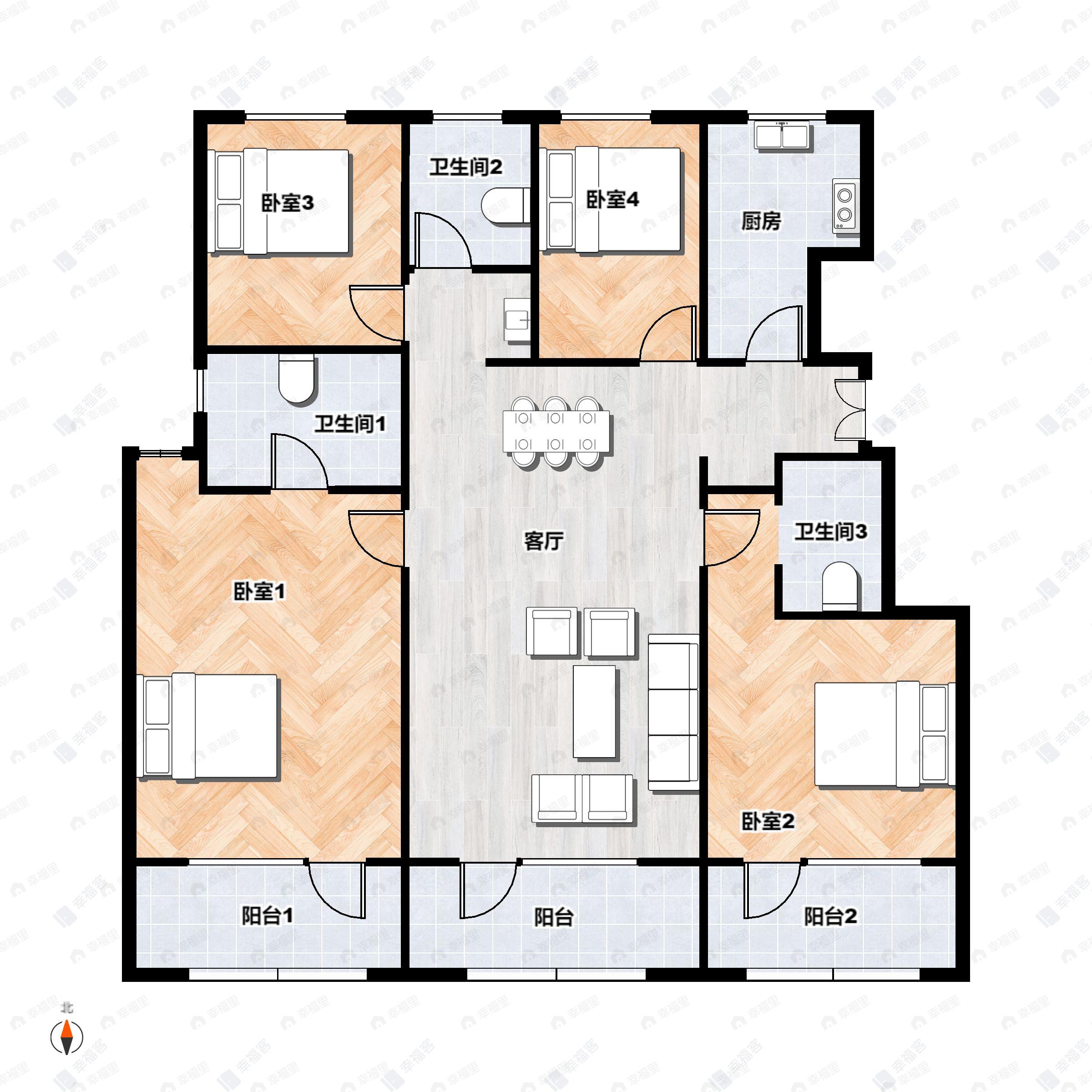 4室3厅3卫建面144平北|南户型图