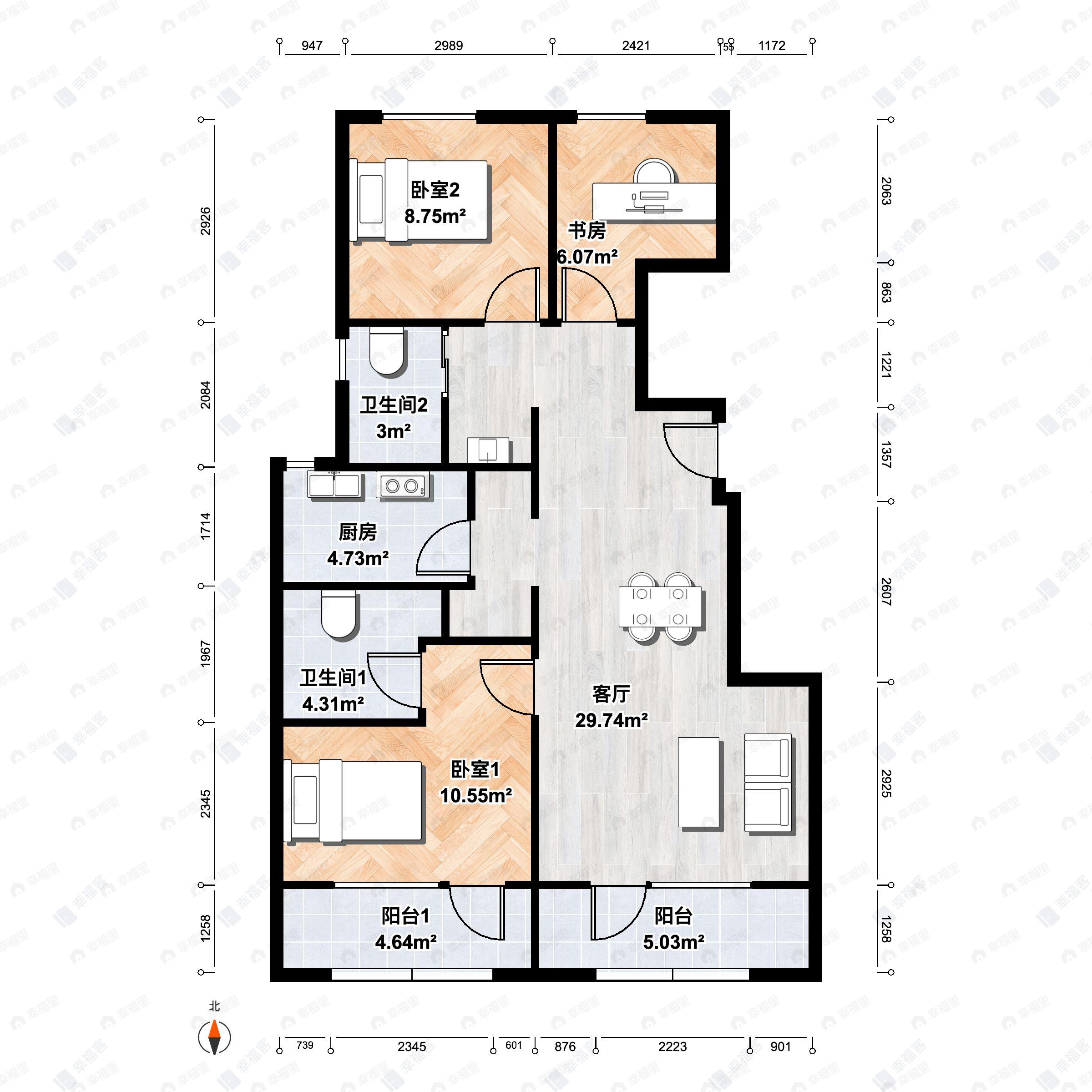 3室2厅2卫建面90m²北|南户型图