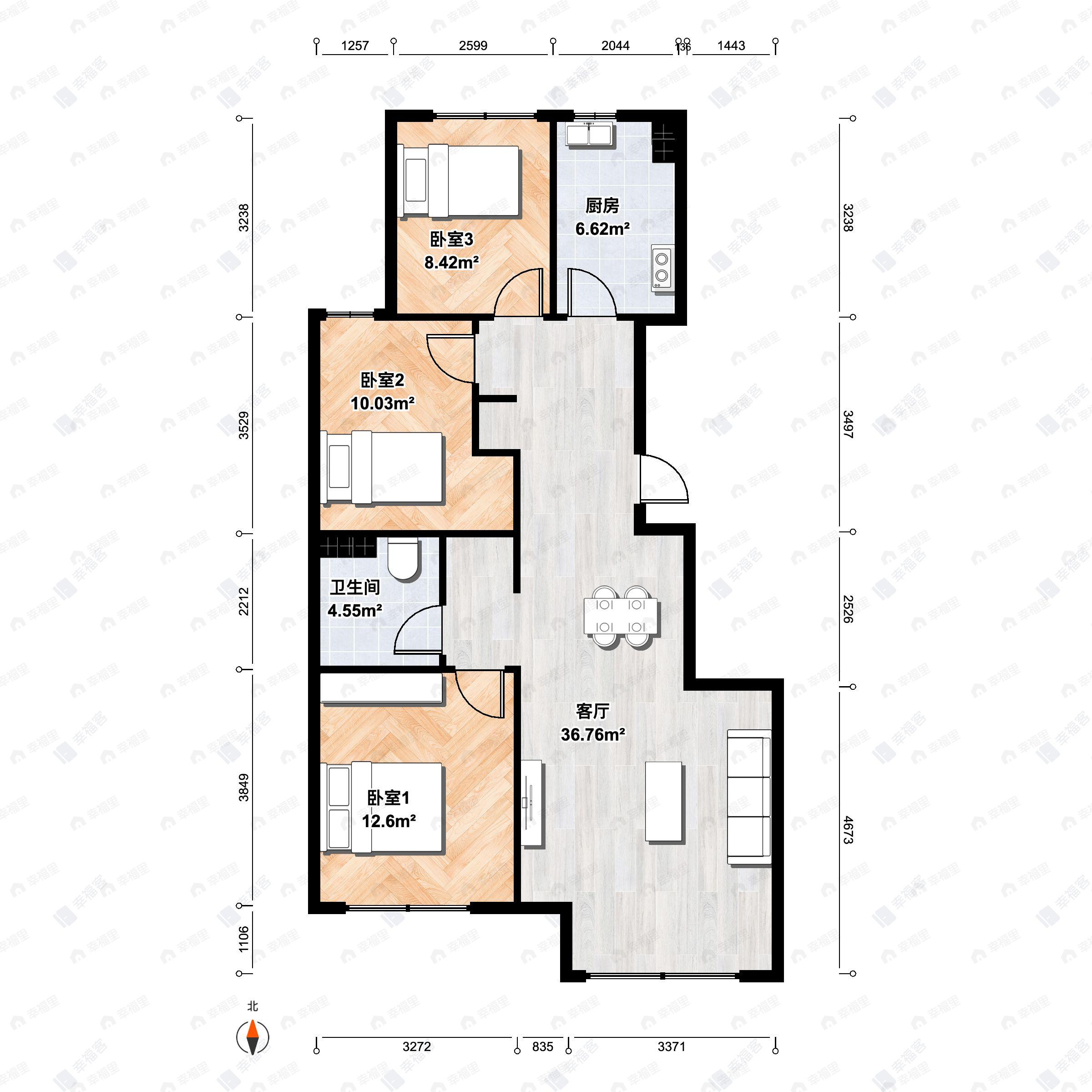 3室2厅1卫建面89m²北|南户型图