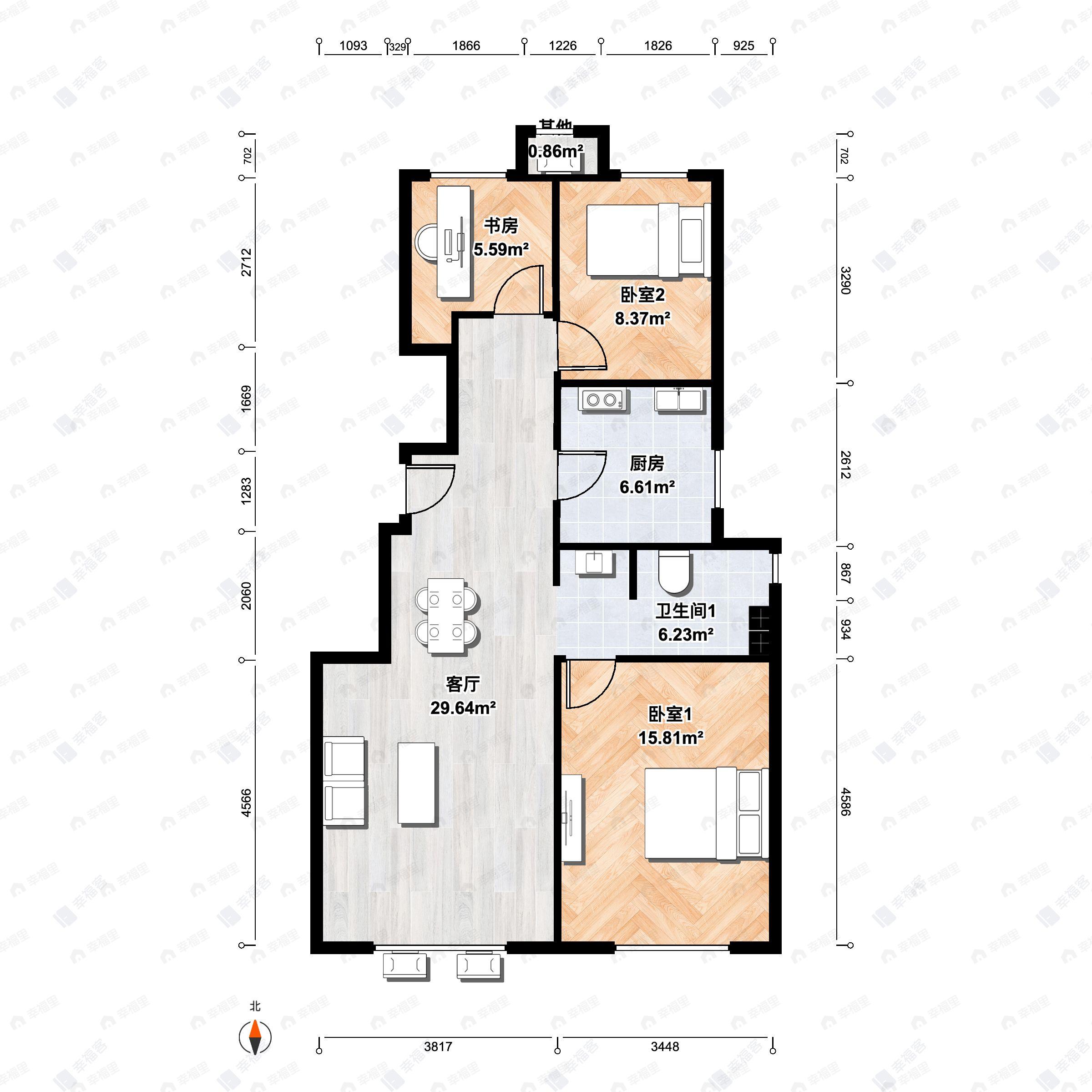 3室2厅1卫建面83m²北|南户型图