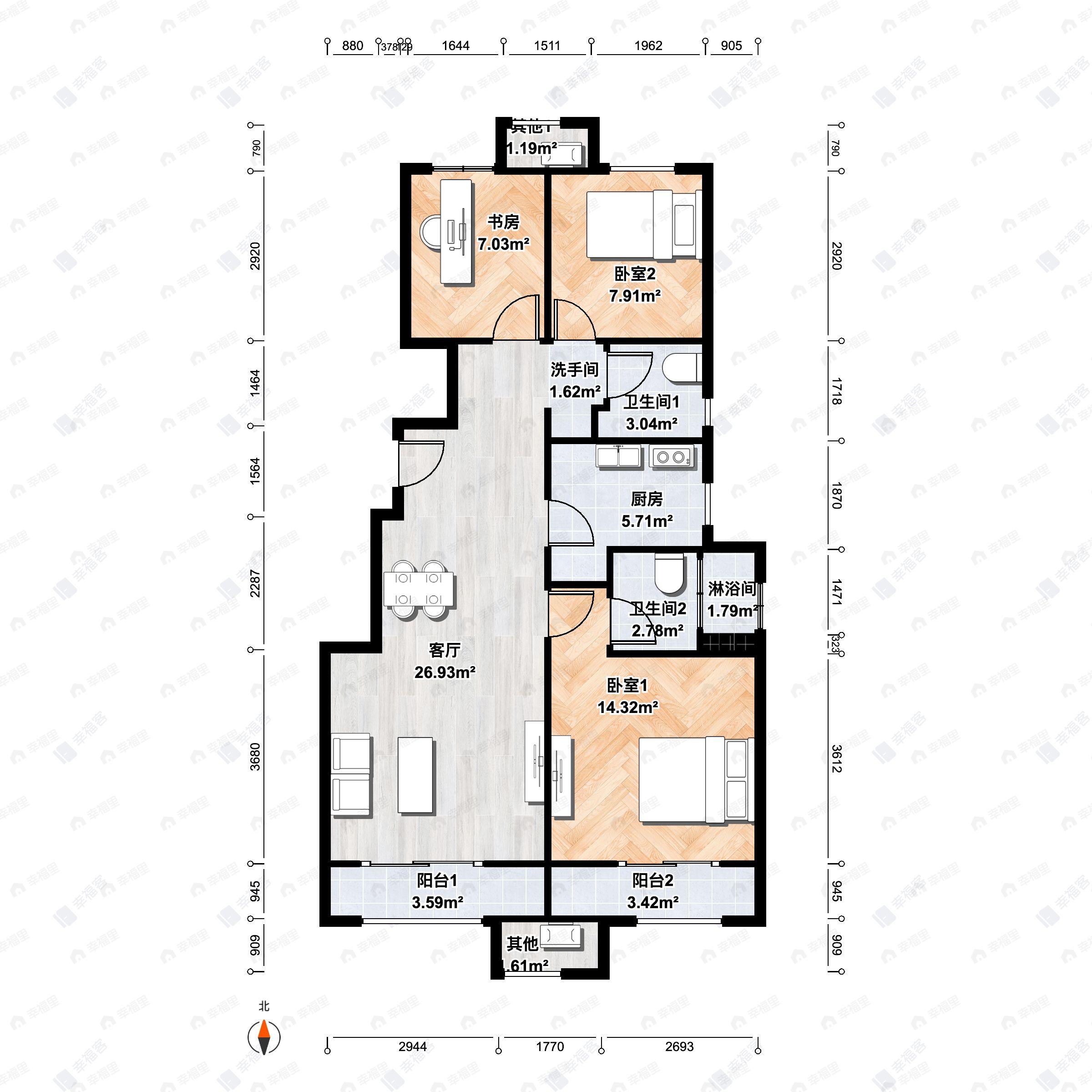 3室2厅2卫建面93m²北|南户型图