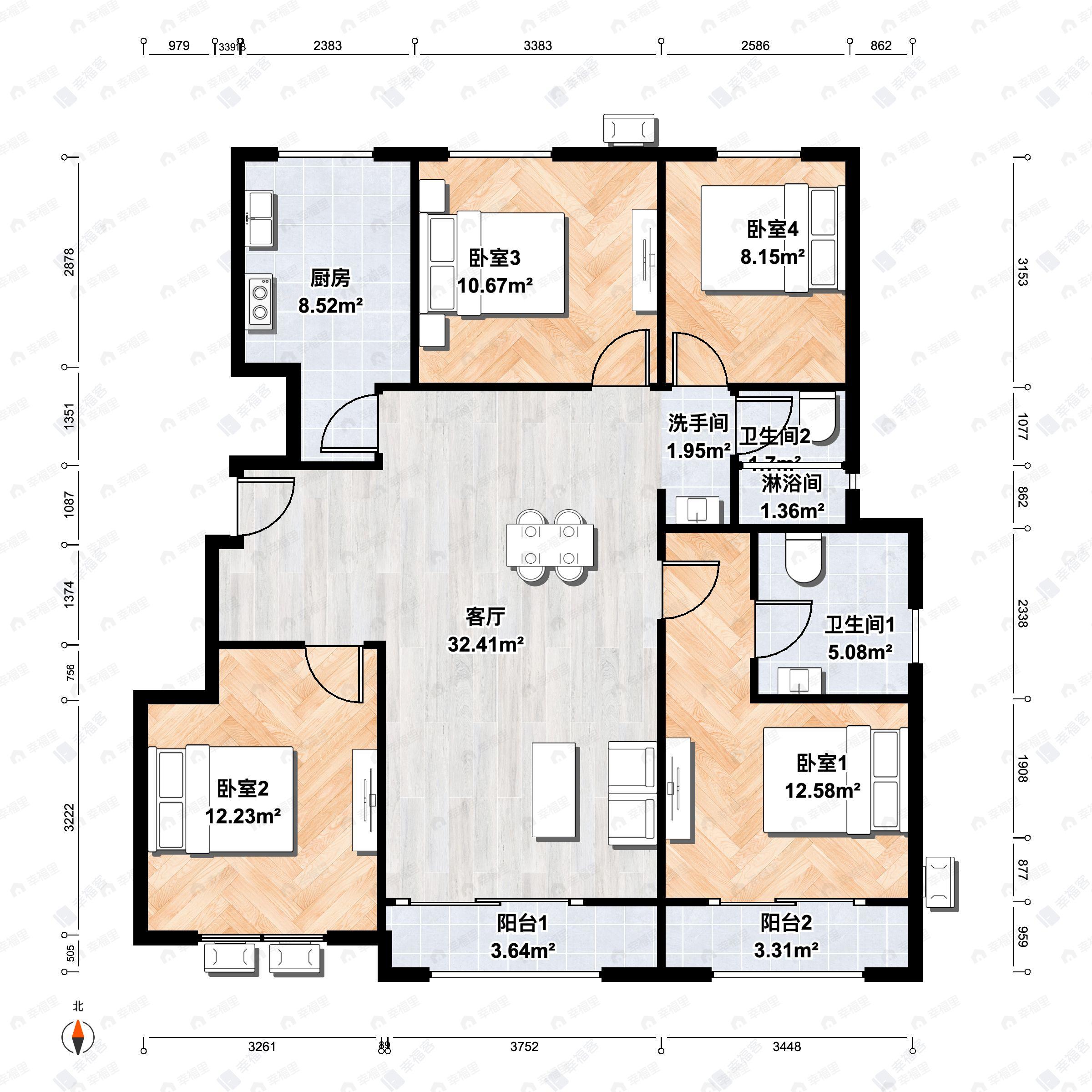 4室2厅2卫建面122平户型图