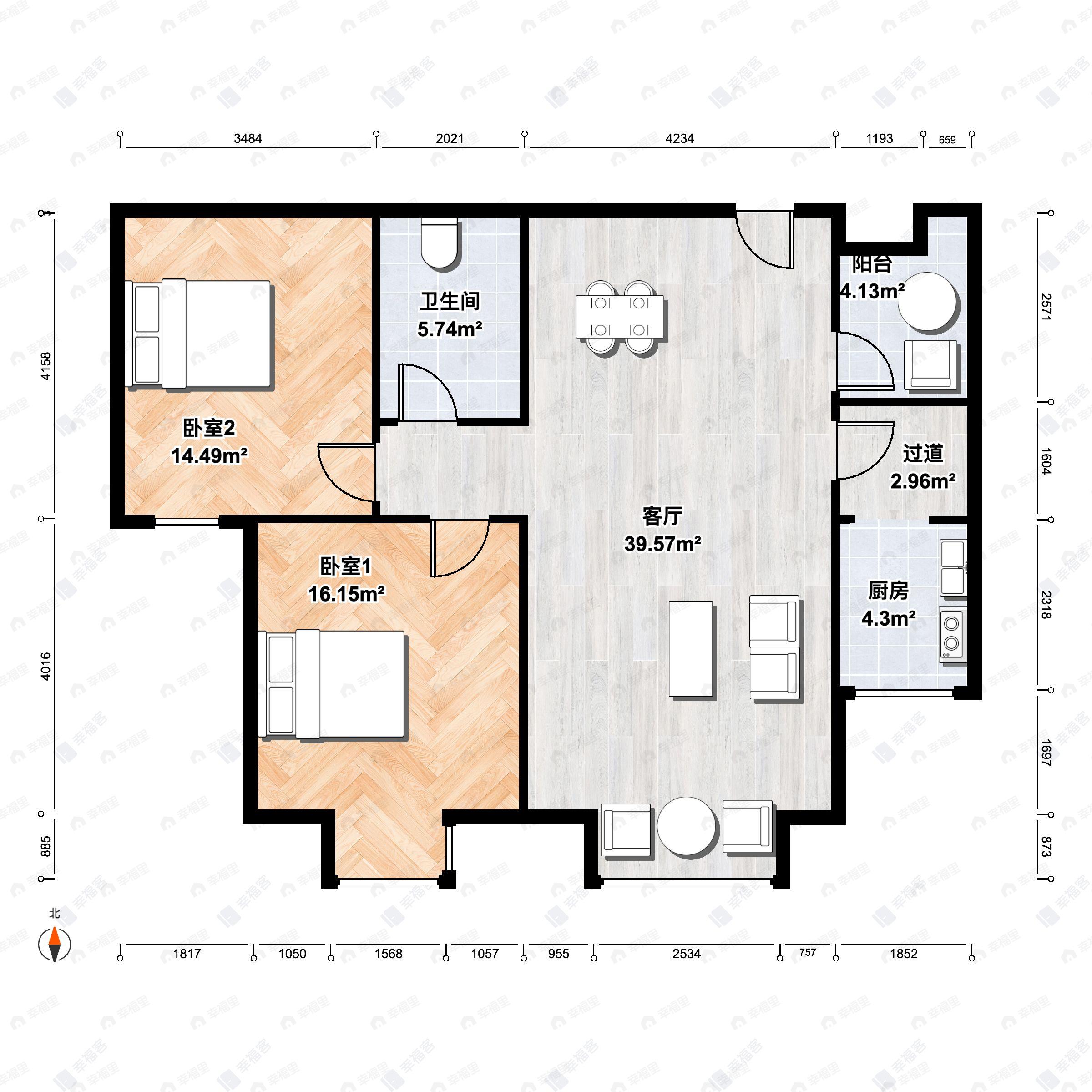 2室2厅1卫建面100m²南户型图
