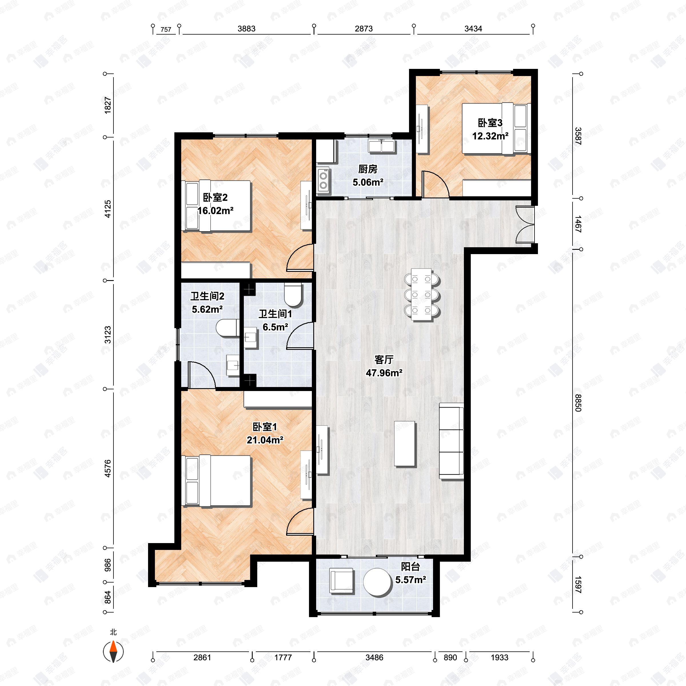 3室2厅2卫建面140平北|南户型图
