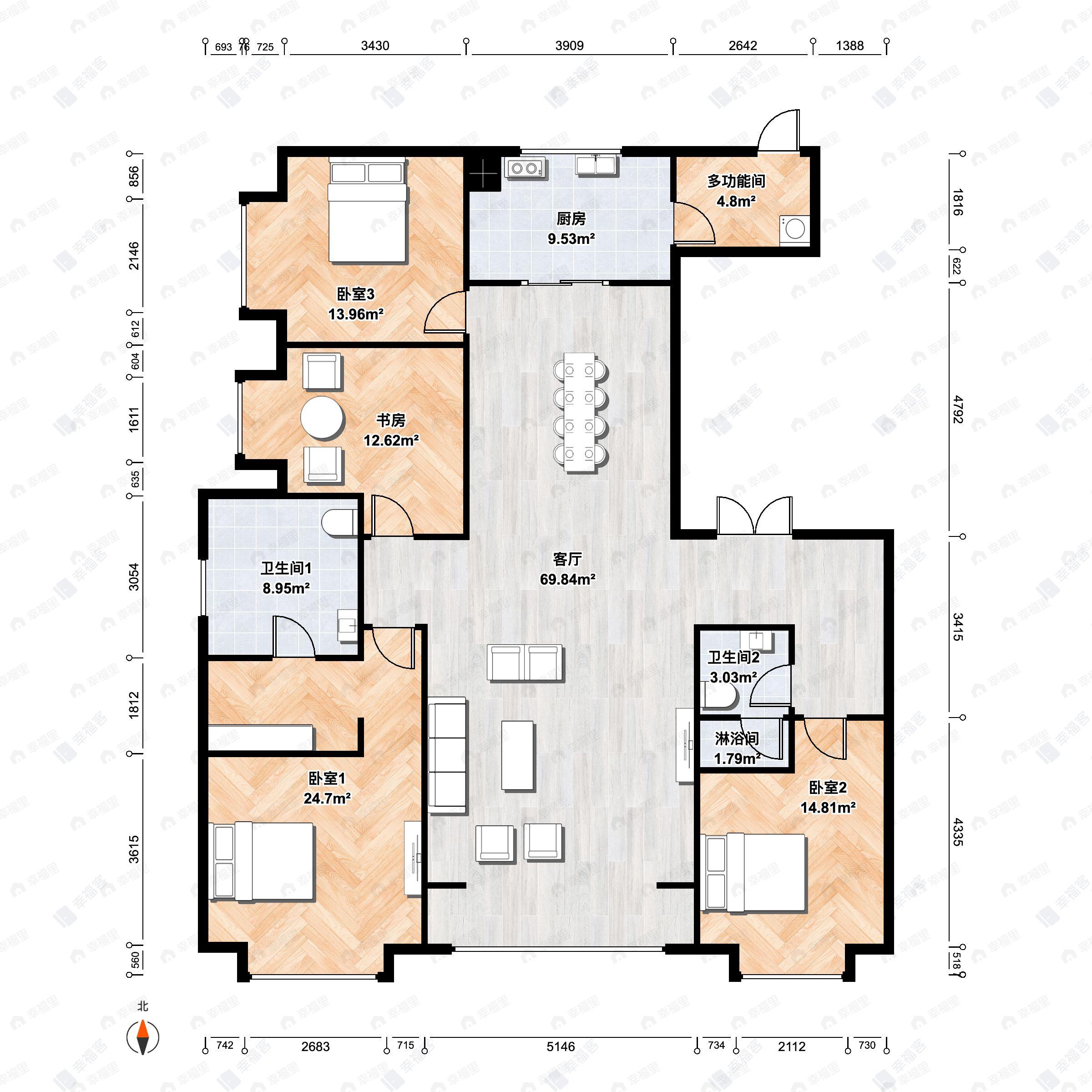 4室2厅2卫建面190平北|南户型图