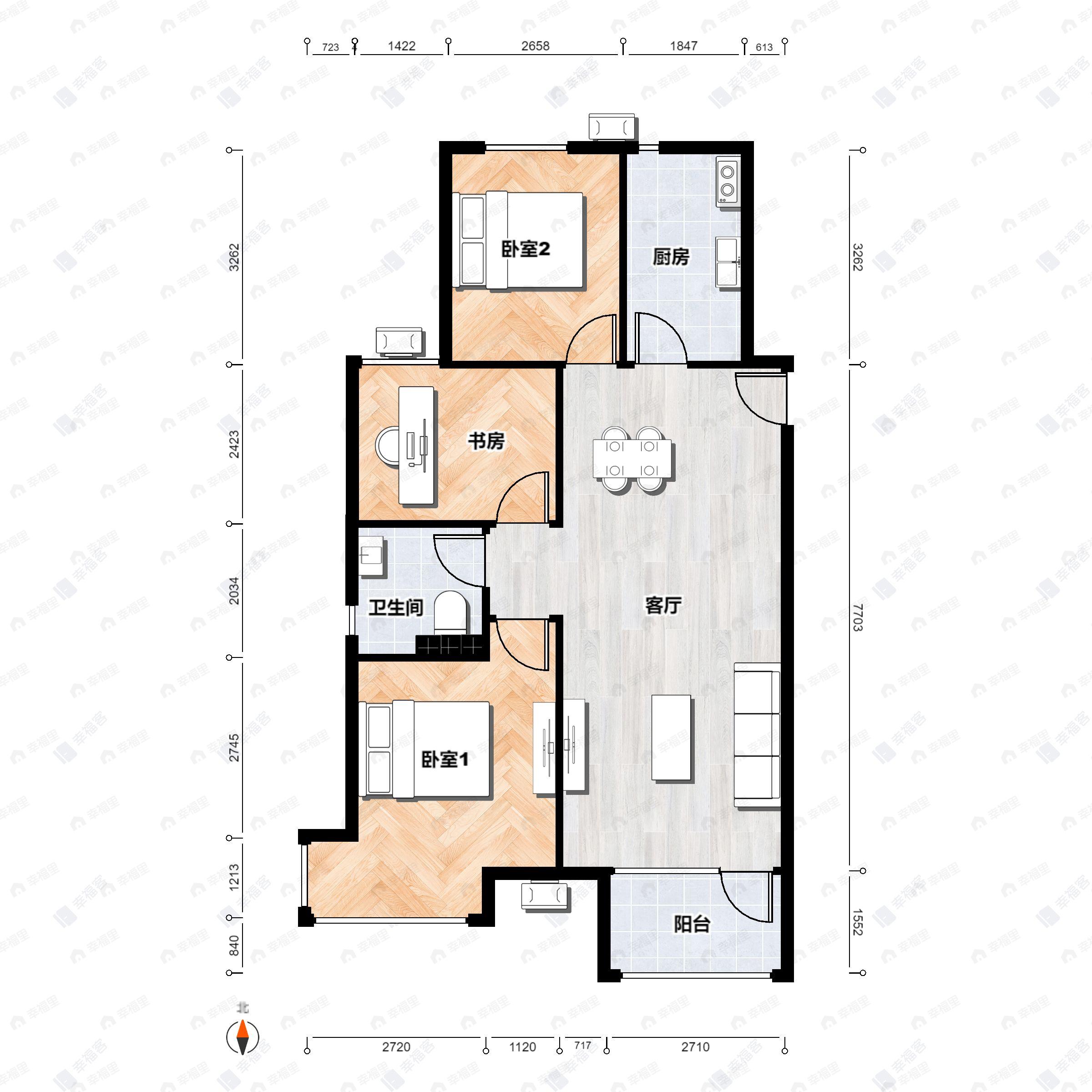 3室2厅1卫建面90平西|北|南户型图