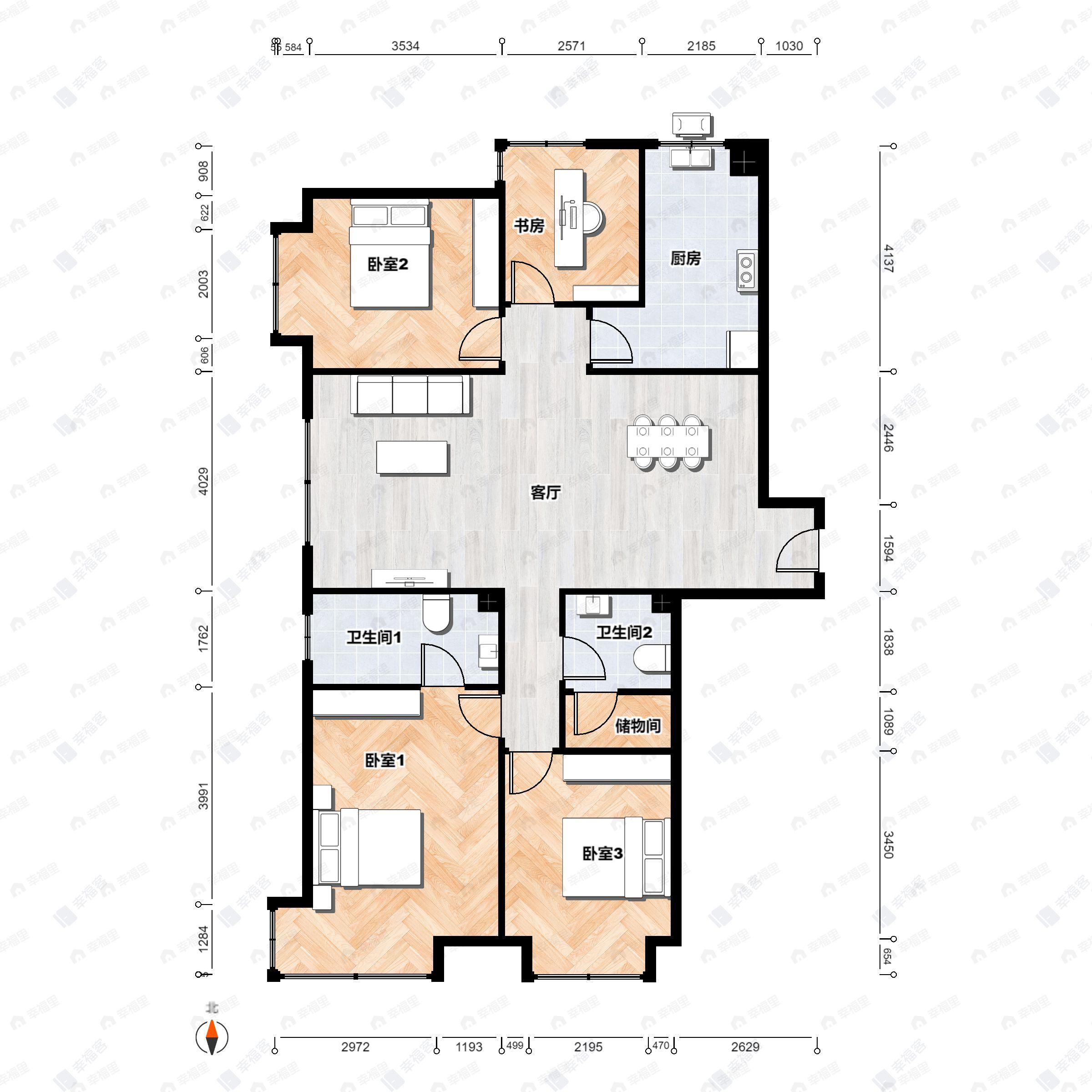 4室2厅2卫建面130平北|南|西户型图