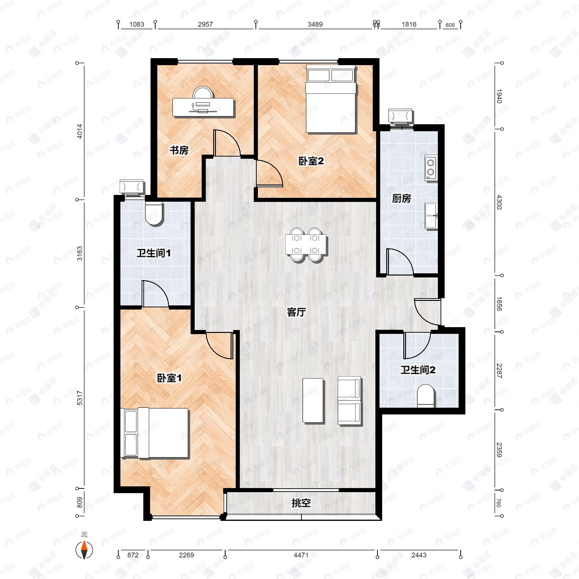 3室2厅2卫建面129平北|南户型图