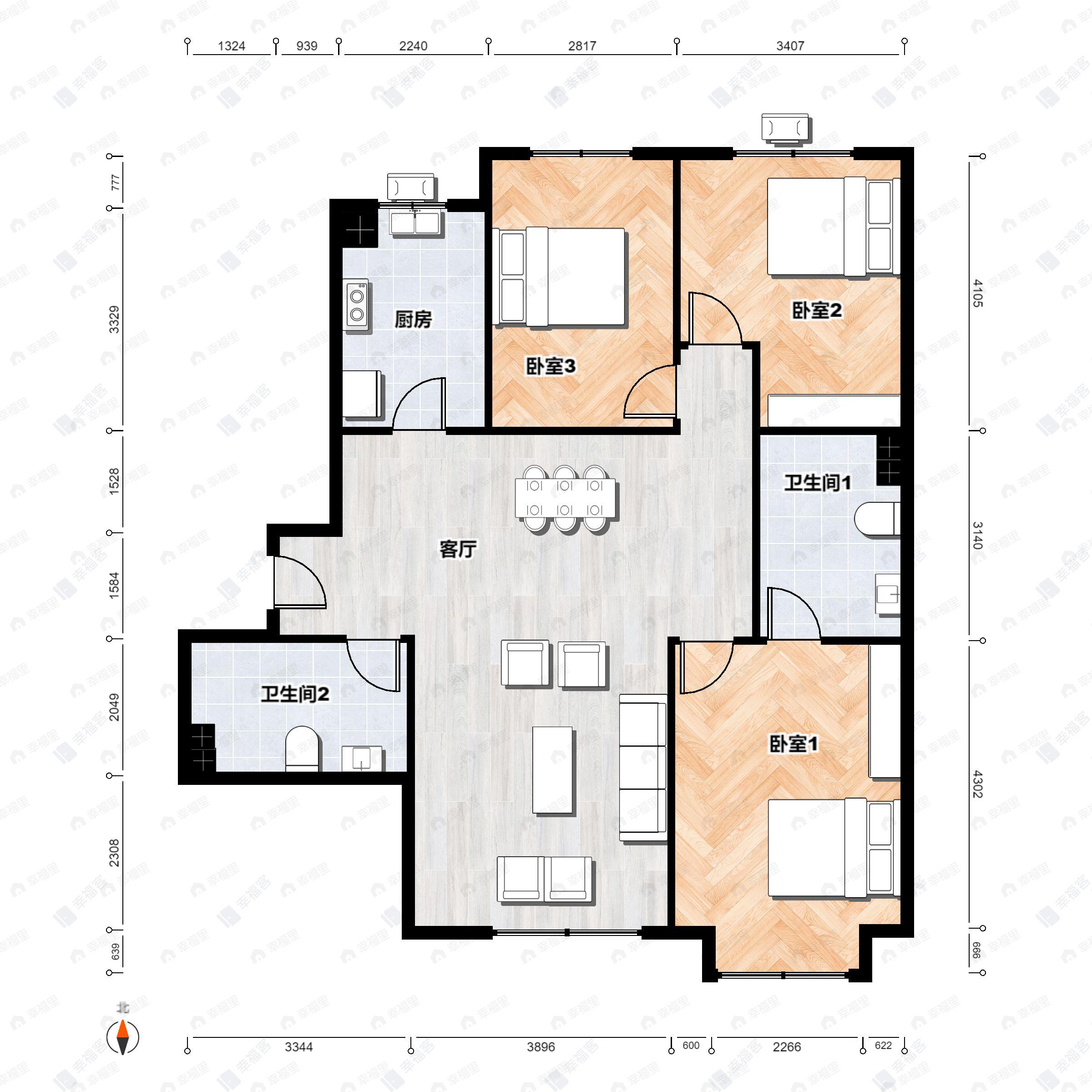 3室2厅2卫建面114平北|南户型图