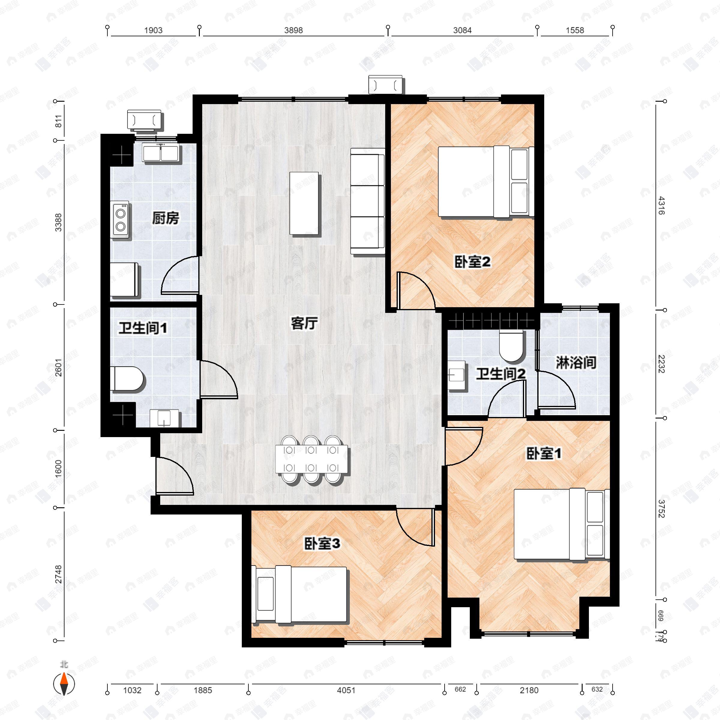 3室2厅2卫建面110平南|北户型图
